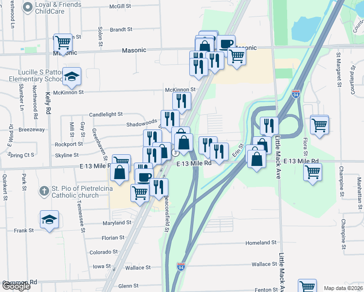 map of restaurants, bars, coffee shops, grocery stores, and more near Gratiot Ave in Roseville