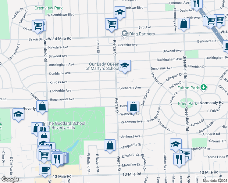 map of restaurants, bars, coffee shops, grocery stores, and more near 16910 Locherbie Avenue in Beverly Hills