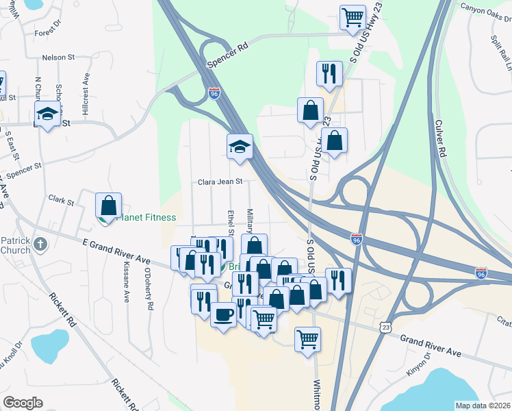 map of restaurants, bars, coffee shops, grocery stores, and more near 5325 Military Drive in Brighton