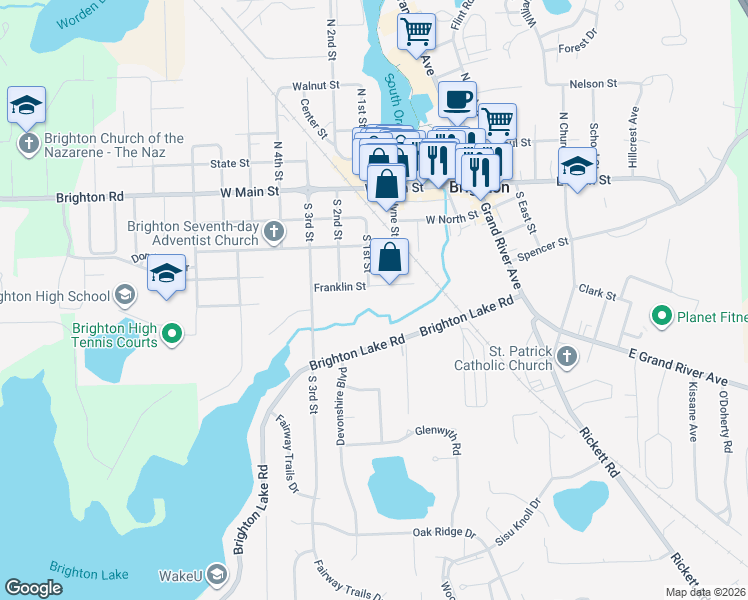 map of restaurants, bars, coffee shops, grocery stores, and more near 332 South 1st Street in Brighton