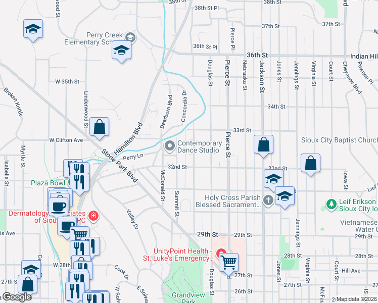 map of restaurants, bars, coffee shops, grocery stores, and more near 3236 Grandview Boulevard in Sioux City