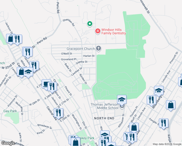 map of restaurants, bars, coffee shops, grocery stores, and more near 2849 Windsor Avenue in Dubuque