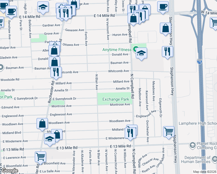 map of restaurants, bars, coffee shops, grocery stores, and more near 1301 Millard Avenue in Royal Oak