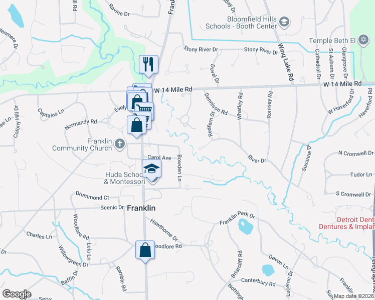 map of restaurants, bars, coffee shops, grocery stores, and more near 25885 German Mill Road in Franklin