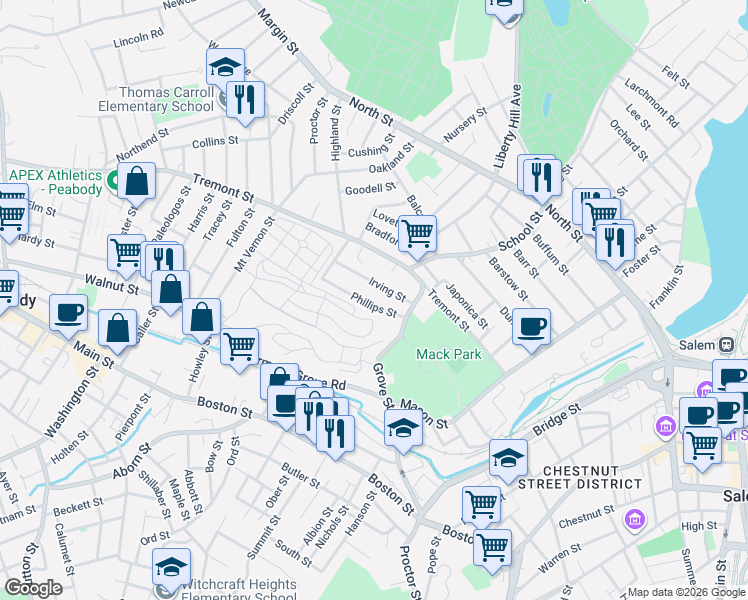 map of restaurants, bars, coffee shops, grocery stores, and more near 24 Irving Street in Salem