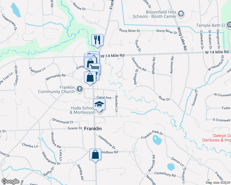 map of restaurants, bars, coffee shops, grocery stores, and more near 25885 German Mill Road in Franklin