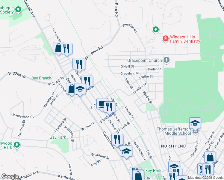 map of restaurants, bars, coffee shops, grocery stores, and more near 2931 Pinard Street in Dubuque