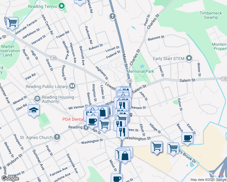 map of restaurants, bars, coffee shops, grocery stores, and more near 37 Lowell Street in Reading