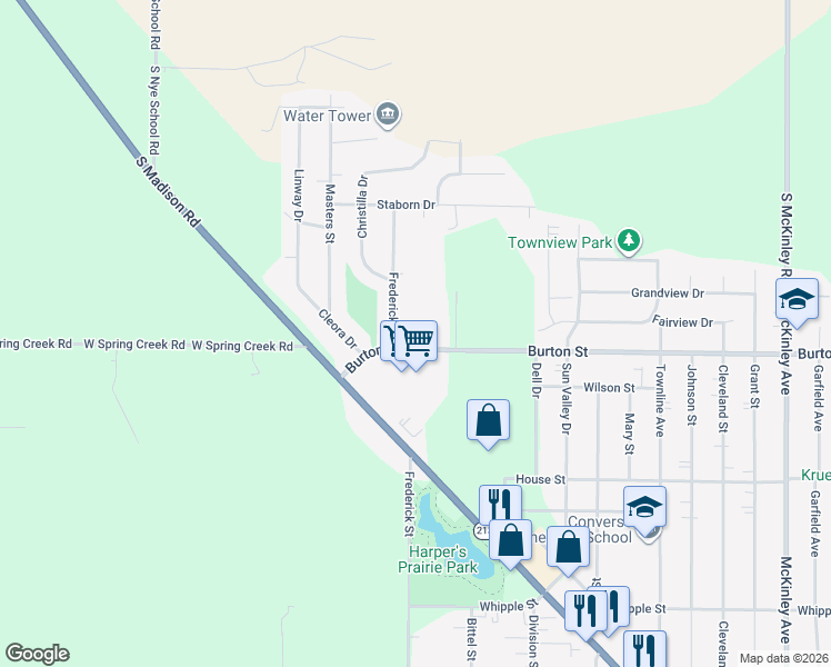 map of restaurants, bars, coffee shops, grocery stores, and more near 2255 Burton Street in Beloit