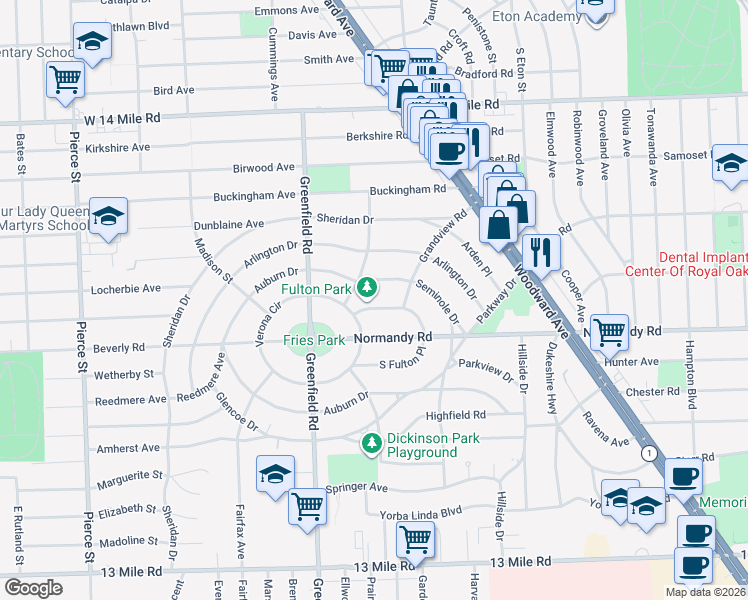 map of restaurants, bars, coffee shops, grocery stores, and more near 4323 Seminole Drive in Royal Oak