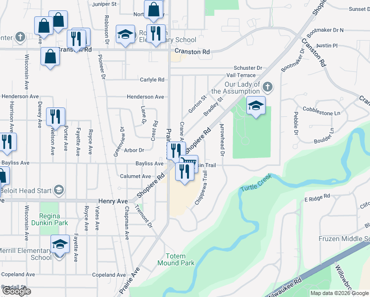 map of restaurants, bars, coffee shops, grocery stores, and more near 1985 Shopiere Road in Beloit