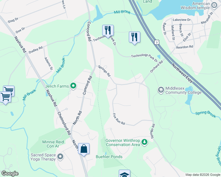 map of restaurants, bars, coffee shops, grocery stores, and more near 17 Springs Road in Billerica