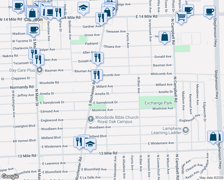 map of restaurants, bars, coffee shops, grocery stores, and more near 913 Millard Avenue in Royal Oak