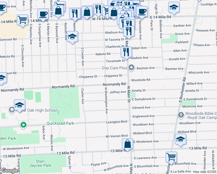 map of restaurants, bars, coffee shops, grocery stores, and more near 406 Normandy Road in Royal Oak