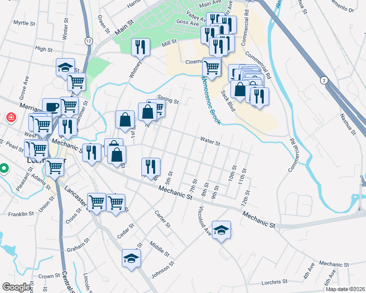 map of restaurants, bars, coffee shops, grocery stores, and more near 110 5th Street in Leominster