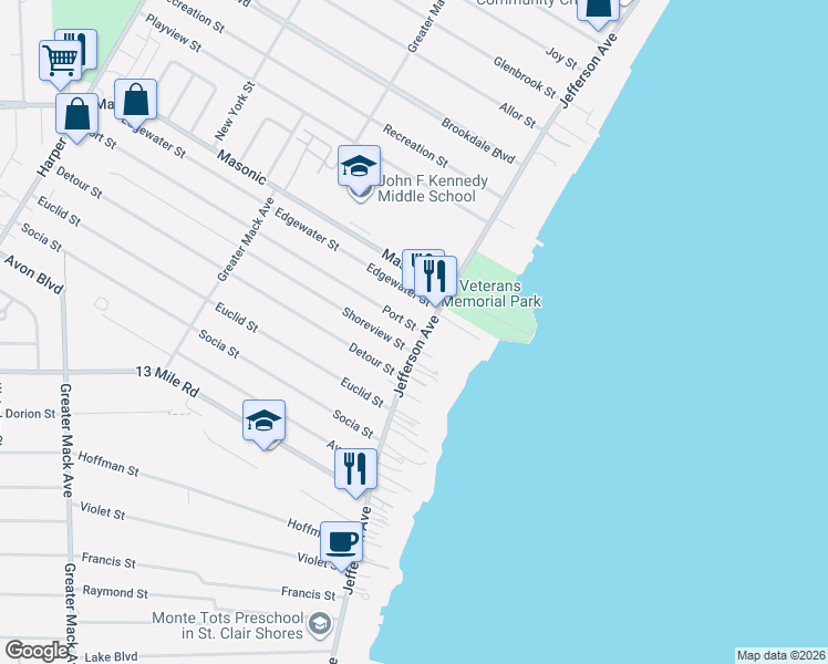 map of restaurants, bars, coffee shops, grocery stores, and more near 32215 Jefferson Avenue in St. Clair Shores