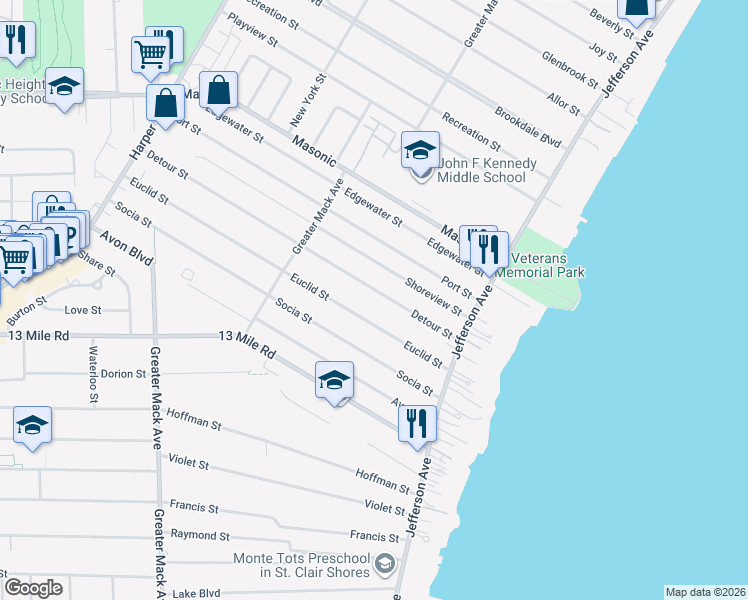 map of restaurants, bars, coffee shops, grocery stores, and more near 23105 Detour Street in St. Clair Shores
