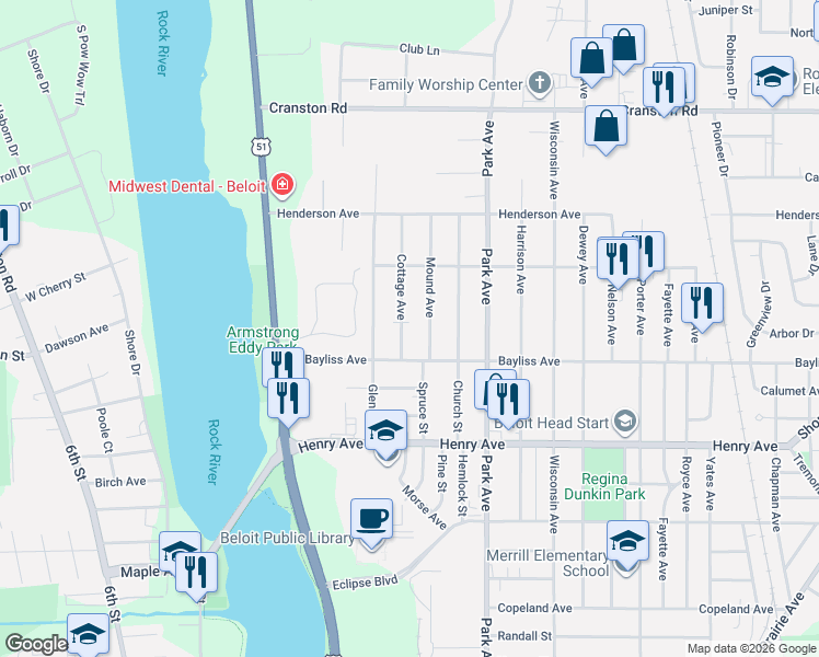 map of restaurants, bars, coffee shops, grocery stores, and more near 1942 Mound Avenue in Beloit