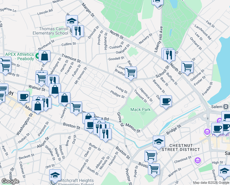map of restaurants, bars, coffee shops, grocery stores, and more near 36 Phillips Street in Salem