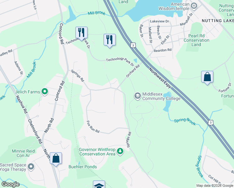 map of restaurants, bars, coffee shops, grocery stores, and more near 600 Springs Road in Bedford