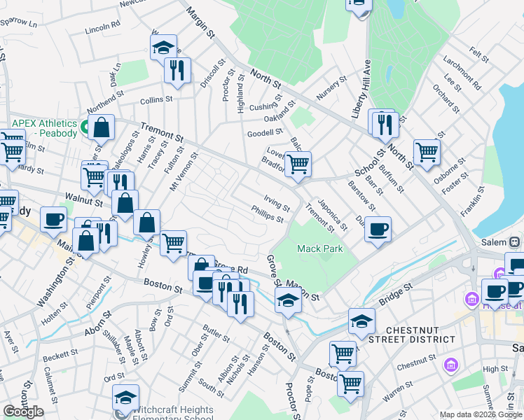 map of restaurants, bars, coffee shops, grocery stores, and more near 26 Phillips Street in Salem