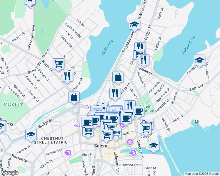 map of restaurants, bars, coffee shops, grocery stores, and more near 190 Bridge Street in Salem