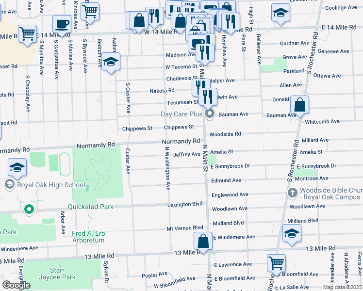 map of restaurants, bars, coffee shops, grocery stores, and more near 306 Normandy Road in Royal Oak