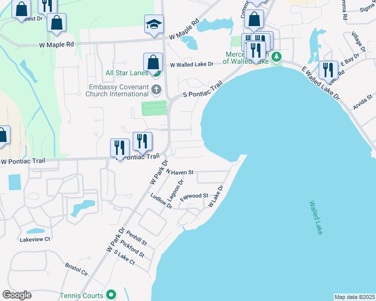 map of restaurants, bars, coffee shops, grocery stores, and more near 134 Coalmont Street in Walled Lake