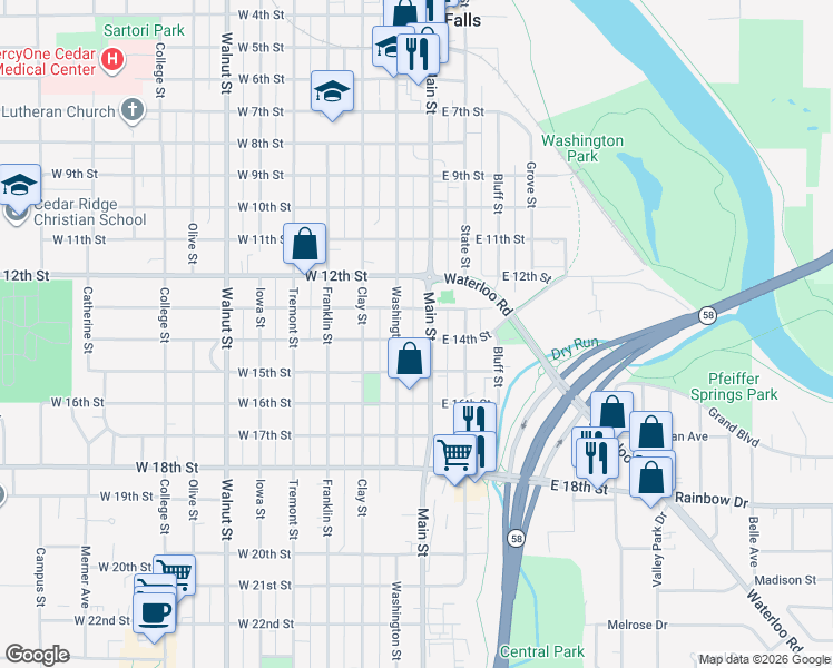 map of restaurants, bars, coffee shops, grocery stores, and more near 1304 Washington Street in Cedar Falls