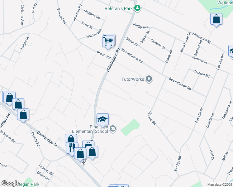 map of restaurants, bars, coffee shops, grocery stores, and more near 9 Woodhill Road in Burlington