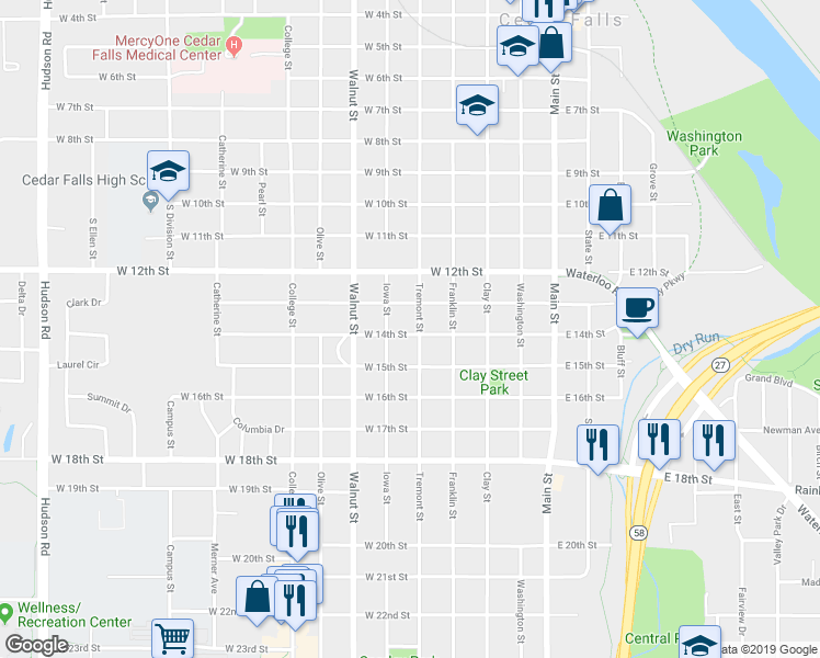 map of restaurants, bars, coffee shops, grocery stores, and more near 1321 Tremont Street in Cedar Falls