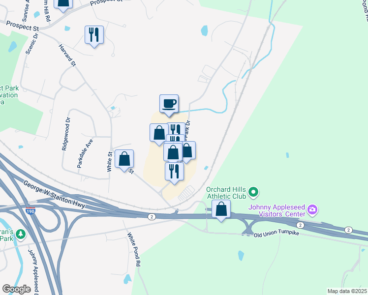 map of restaurants, bars, coffee shops, grocery stores, and more near Orchard Hill Park Drive in Leominster