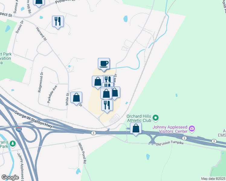 map of restaurants, bars, coffee shops, grocery stores, and more near Orchard Hill Park Drive in Leominster