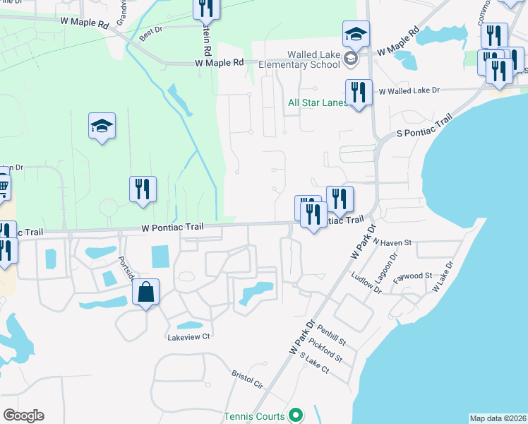 map of restaurants, bars, coffee shops, grocery stores, and more near 107 Chestnut Ridge in Walled Lake