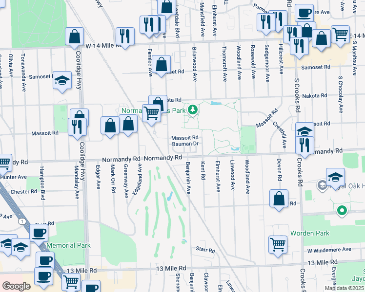 map of restaurants, bars, coffee shops, grocery stores, and more near 2471 Massoit Road in Royal Oak