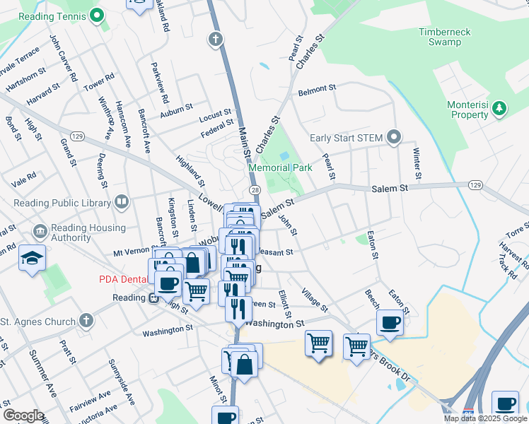 map of restaurants, bars, coffee shops, grocery stores, and more near 749 Main Street in Reading