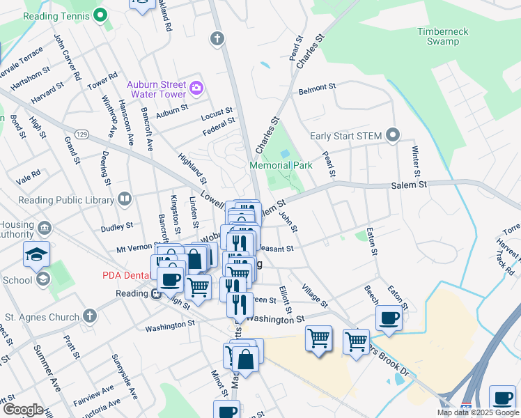 map of restaurants, bars, coffee shops, grocery stores, and more near 749 Main Street in Reading