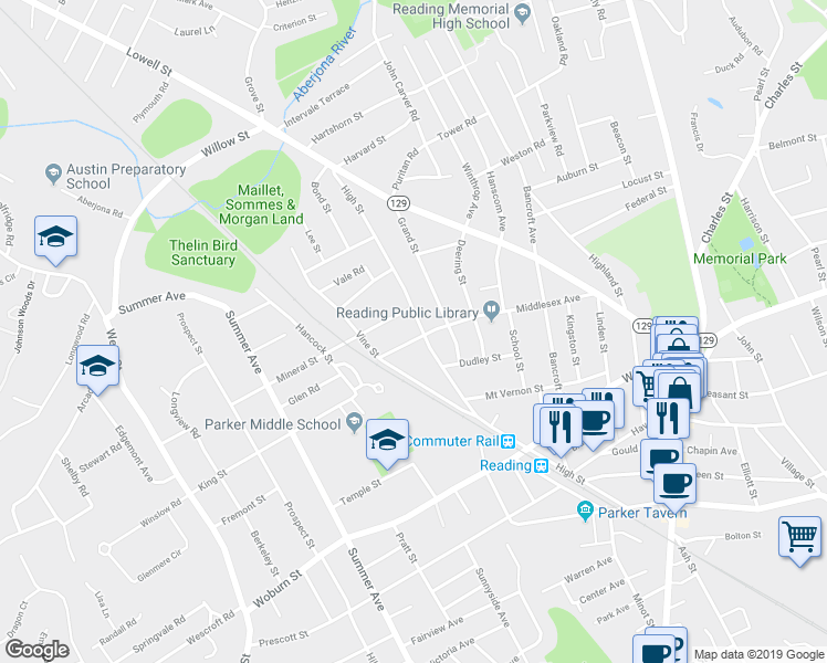 map of restaurants, bars, coffee shops, grocery stores, and more near 176 High Street in Reading