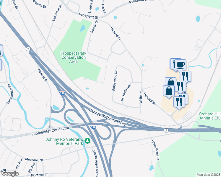 map of restaurants, bars, coffee shops, grocery stores, and more near 86 Mountain View Road in Leominster