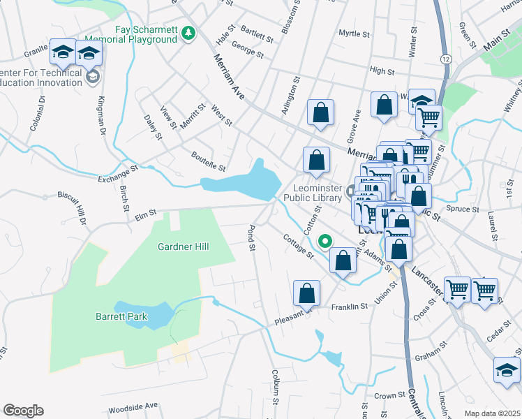 map of restaurants, bars, coffee shops, grocery stores, and more near 13 Elm Street in Leominster