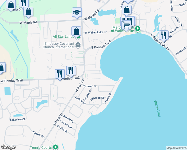 map of restaurants, bars, coffee shops, grocery stores, and more near 134 Coalmont Street in Walled Lake