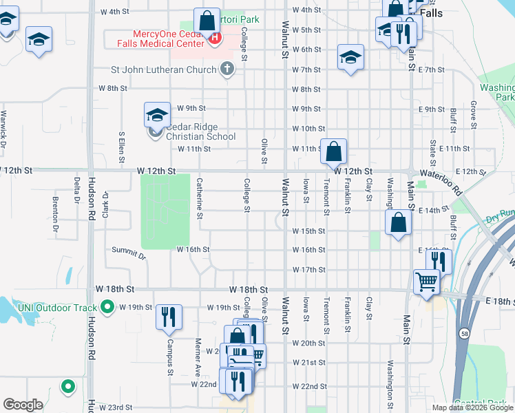 map of restaurants, bars, coffee shops, grocery stores, and more near 1310 College Street in Cedar Falls