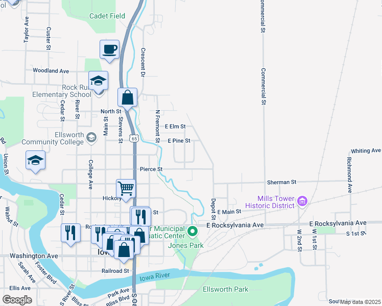 map of restaurants, bars, coffee shops, grocery stores, and more near 1020-1022 Pearl Street in Iowa Falls