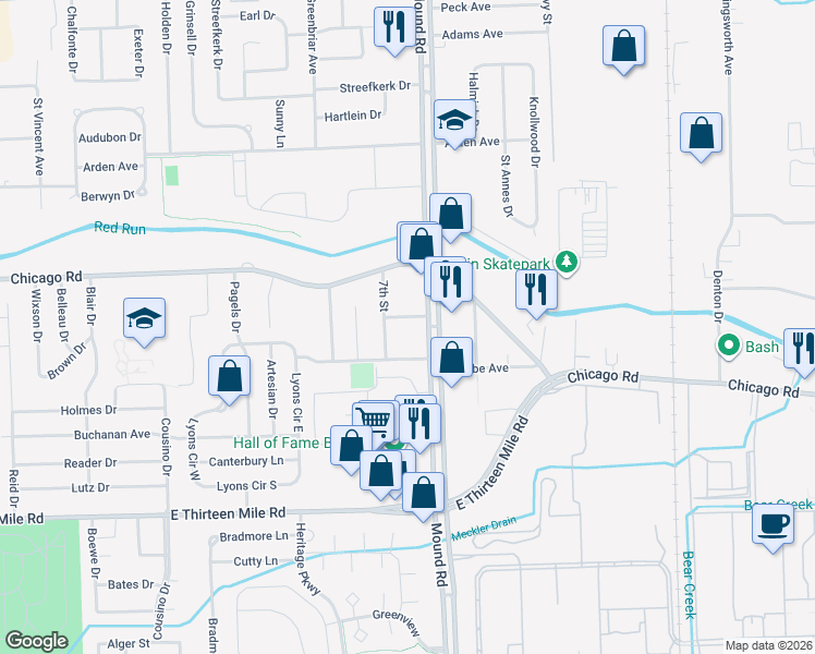 map of restaurants, bars, coffee shops, grocery stores, and more near 5749 Filmore Avenue in Warren
