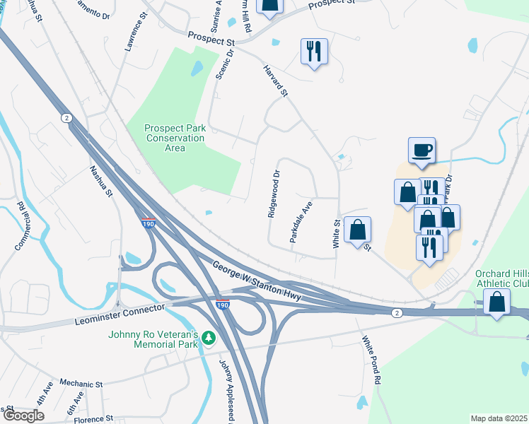 map of restaurants, bars, coffee shops, grocery stores, and more near 86 Mountain View Road in Leominster