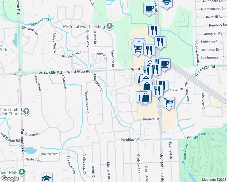 map of restaurants, bars, coffee shops, grocery stores, and more near 31085 Pheasant Run Street in Farmington Hills