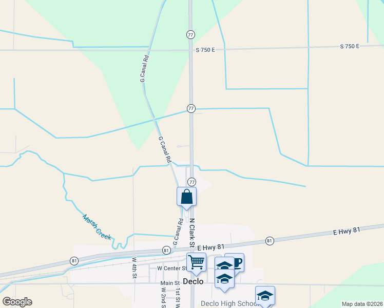 map of restaurants, bars, coffee shops, grocery stores, and more near 43 Idaho 77 in Declo