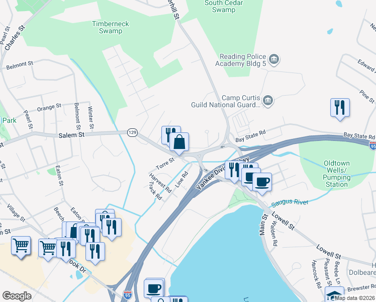 map of restaurants, bars, coffee shops, grocery stores, and more near 42 Bay State Road in Reading
