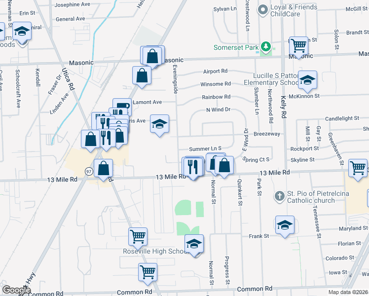 map of restaurants, bars, coffee shops, grocery stores, and more near 31250 Eveningside in Fraser