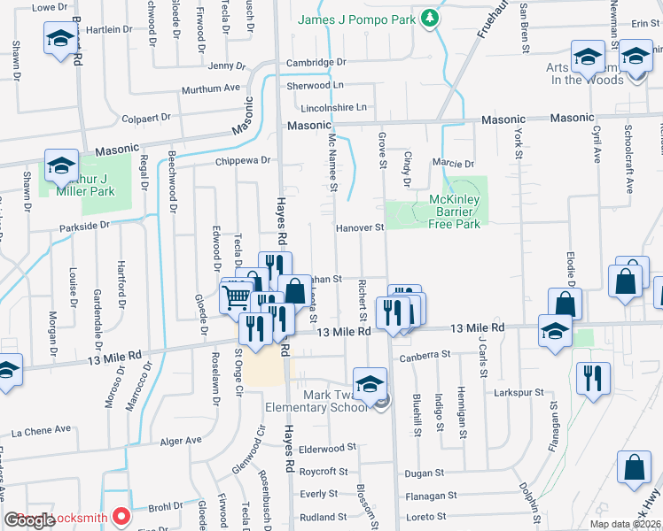 map of restaurants, bars, coffee shops, grocery stores, and more near 31273 Mc Namee in Fraser